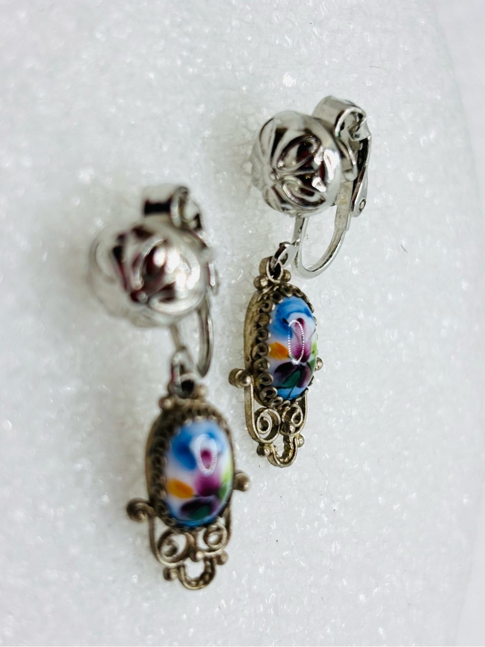 Vintage-Inspired Silver Clip-On Earrings with Blue Floral Cameos